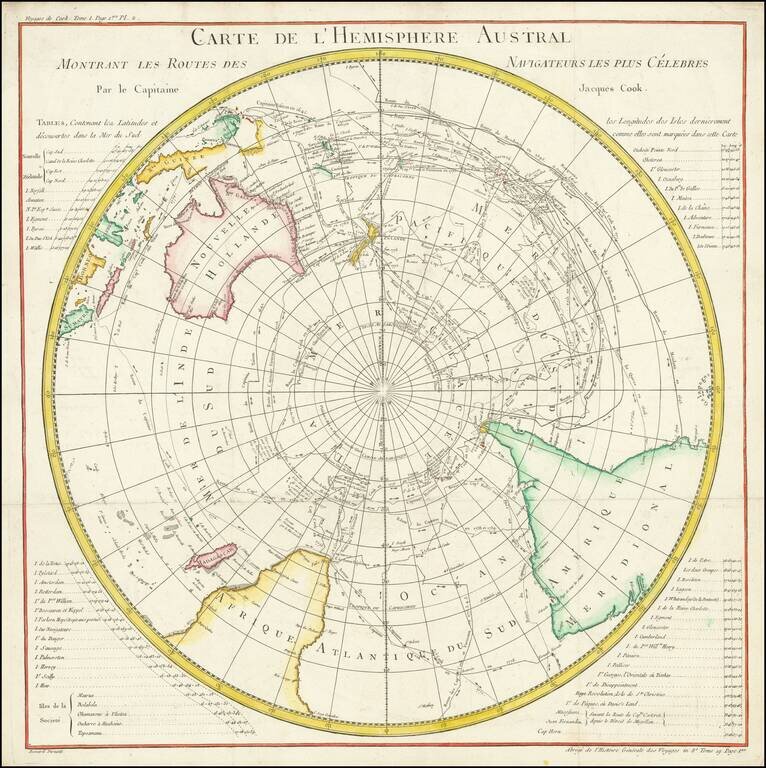 Carte De L'Hemisphere Austral Montrant Les Routes Des Navigateurs Les Plus Celebres par le Captaine Jacques Cook