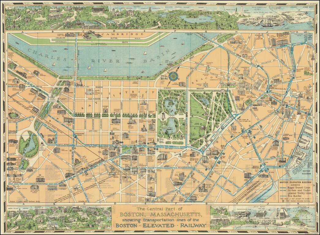 The Central Part of Boston, Massachusetts, showing transportation lines of the Boston Elevated Railway