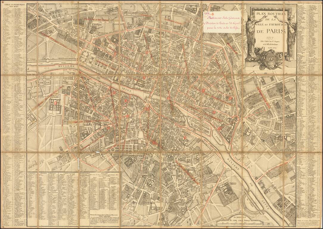[Paris -- With Manuscript Additions Showing The 20 Departments]  Plan Routier De La Ville et Faubourg De Paris 1777 . . .