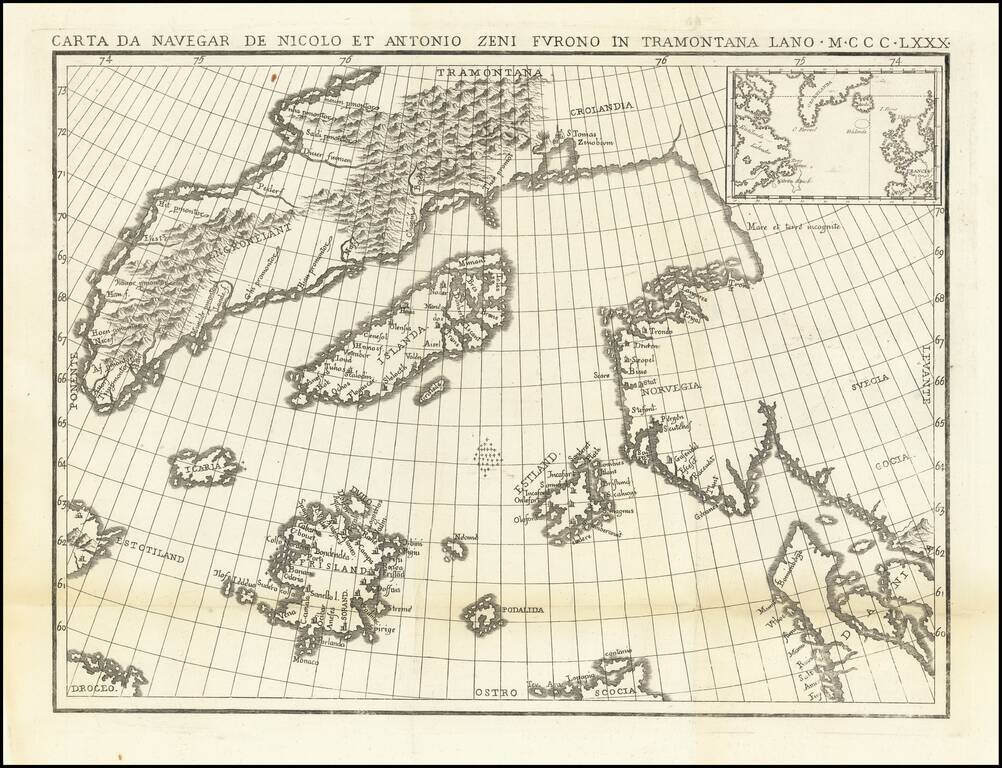 Carta Da Navegar De Nicolo et Antonio Zeni Furono In Tramontana Lano MCCCLXXX