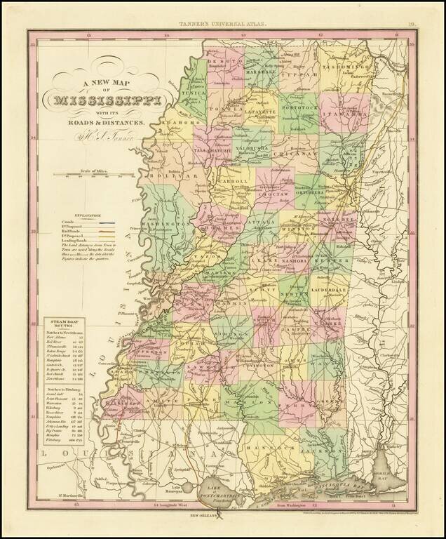 A New Map of Mississippi with its Roads & Distances.  By H.S. Tanner.