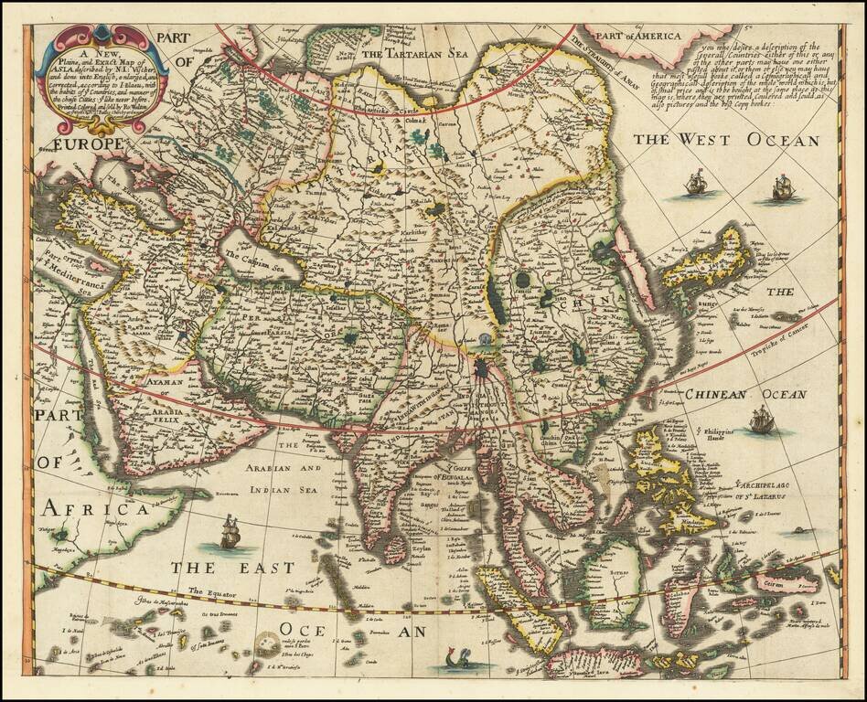 A New Plain, and Exact Map of Asia, described by N:I: Visscher, and done into English . . . Printed, Colored and Sold By Ro: Walton at ye Globe & Compass . . . .