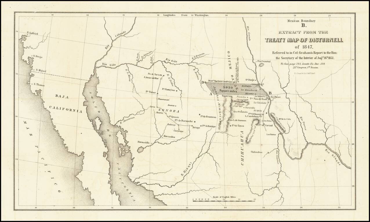 Mexican Boundary B.  Extract From the Treaty Map of Disturnell of 1847.  Referred to in Col: Graham's Report tot he Hon: the Secretary of the Interior of Augst. 16th 1851.
