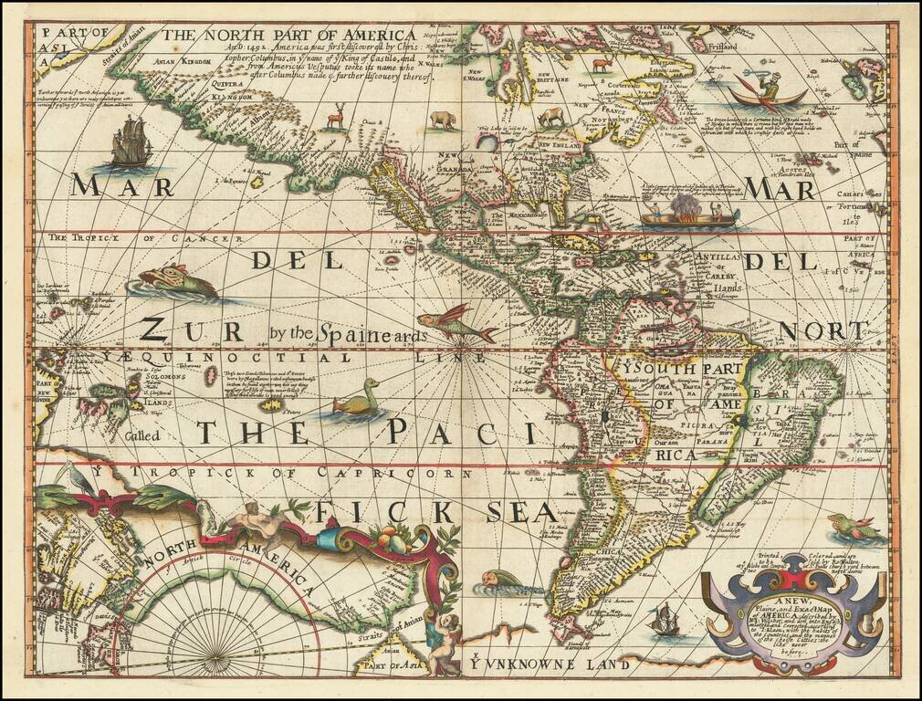 A New, Plaine and Exact Map of America: described by N. I. Visscher And don into english, enlarged, & corrected, according to I. Blaeu:  with the habits of the people, and manner of the cheife citties:  the like never before Printed, colored & are to be S