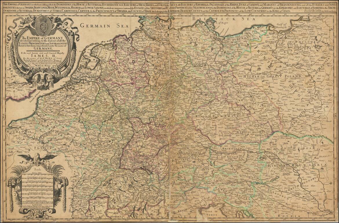 The Empire of Germany in which are distinguished the Dominions of the House of Austria... | The Empire of Germany divided according to the Extent of all the Estates Principalities and Soveraignities that are or have been comprehended under the name of Ger