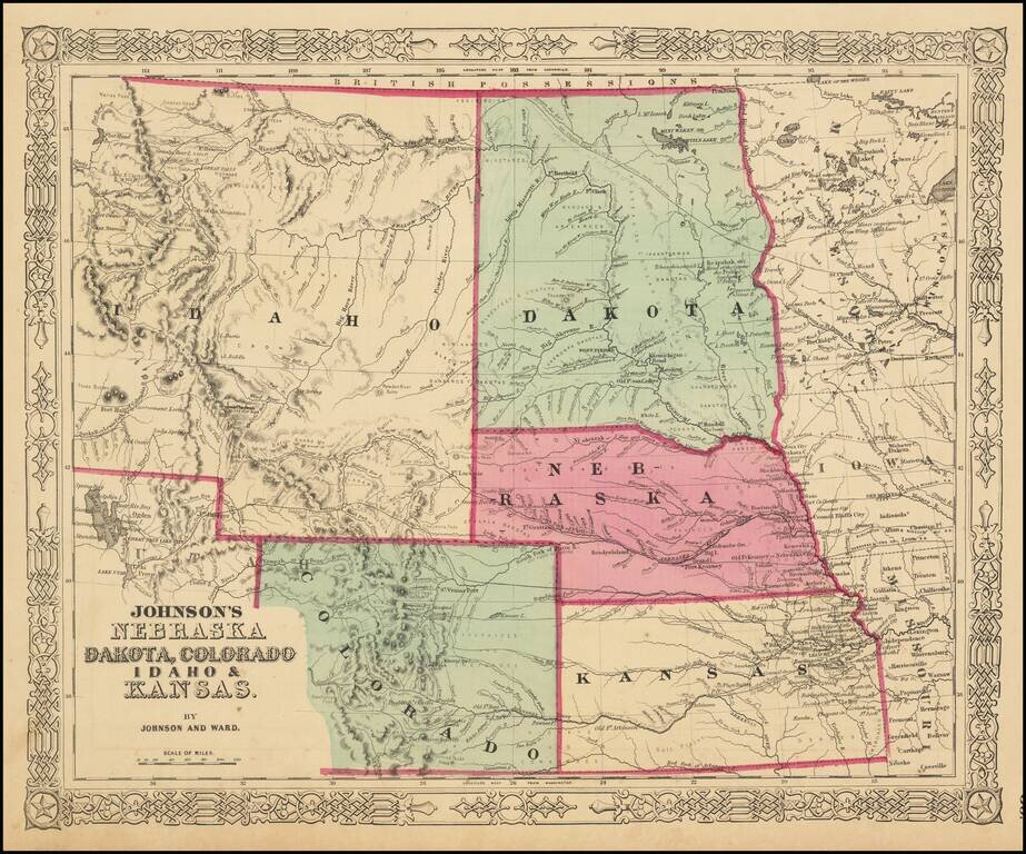Johnson's Nebraska, Dakota, Colorado Idaho & Kansas  (First Appearance of Idaho Territory / Including The Future Montana & Wyoming Territories!)