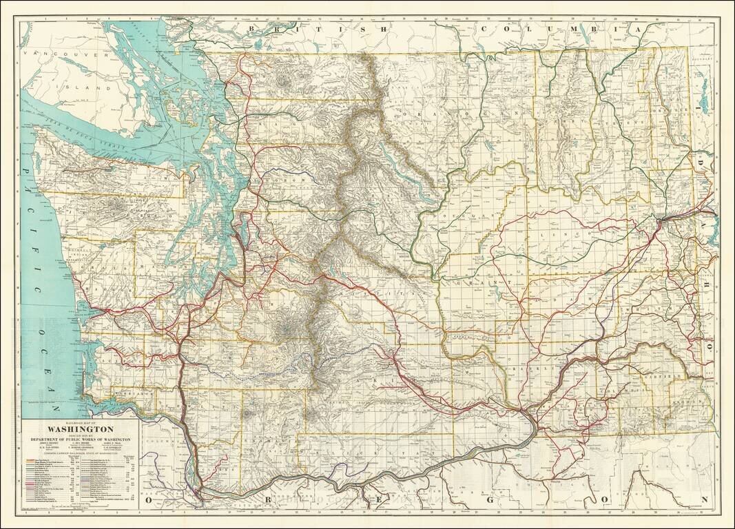 Railroad Map of Washington Issued 1928 By Department of Public Works of Washington